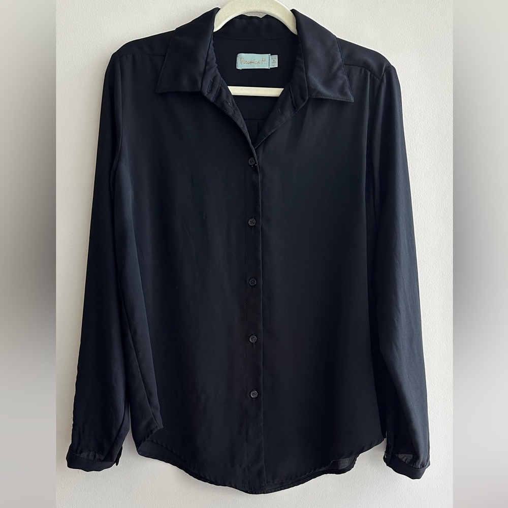 Veronica M. Black Sheer Chiffon Button Down Shirt, Size Medium